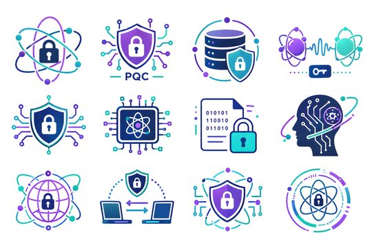 Post-quantum cryptography icon set showcasing quantum security, data encryption, PQC protection, cybersecurity shield, and advanced network computing safety systems.