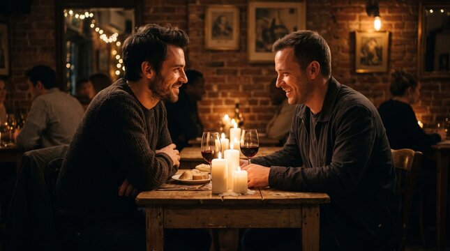 Two men enjoying a romantic candlelit dinner date at a cozy restaurant, sharing smiles and conversation over wine