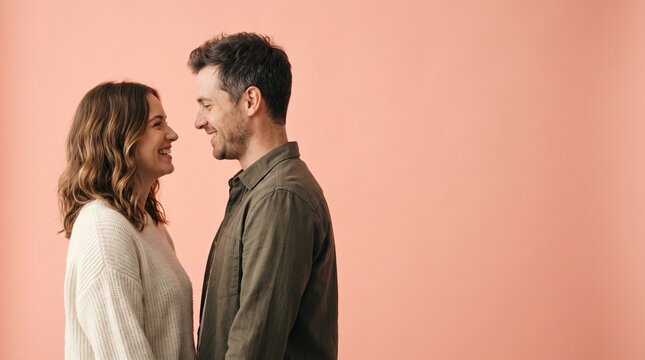 Happy couple looking at each other with smiles on Valentines Day against a soft peach background