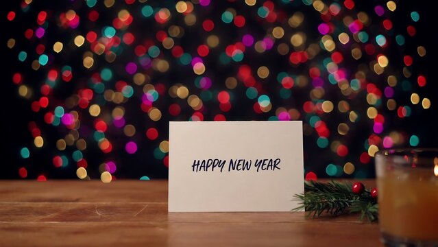 Happy new year greeting card on a wooden table with pine branches and a glass of drink against colorful bokeh lights