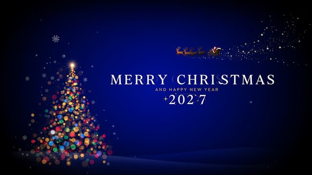 Merry christmas and happy new year 2027 greeting with a colorful bokeh christmas tree and santa sleigh silhouette