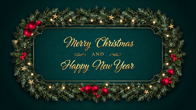 Merry christmas and happy new year greeting card with a festive wreath of evergreen branches, red ornaments, and glowing lights