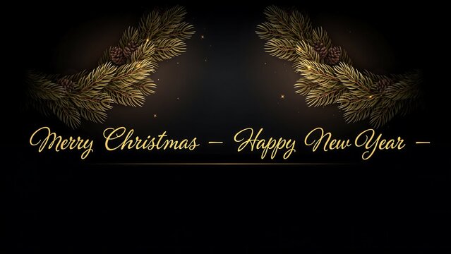 Merry christmas and happy new year greeting card with golden pine branches and pinecones on a dark brown background