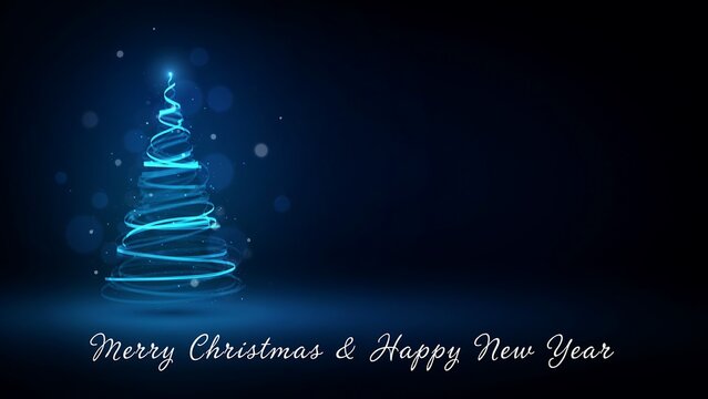 Merry christmas and happy new year greeting with glowing blue spiral christmas tree shape on a dark blue background