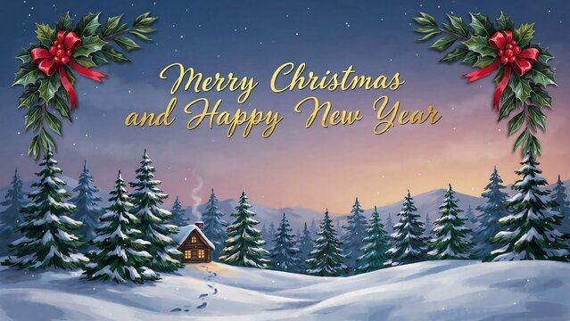 Merry christmas and happy new year greeting card with snowy landscape, pine trees, and holly berry wreaths in the corners