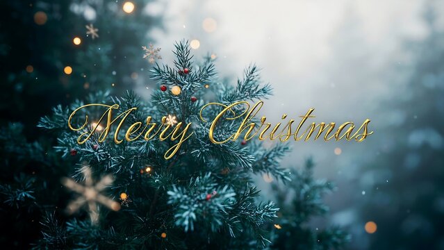 Merry christmas gold text overlay on a blurred winter forest background, with glowing bokeh, lights and falling snowflakes
