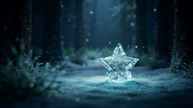 Transparent crystal star ornament resting on snowy ground in a dark forest at night with soft bokeh lights and falling snow