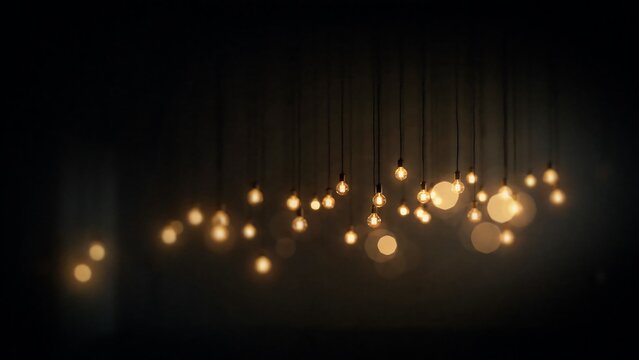 Warm glowing light bulbs hanging on strings against a dark background, creating an atmospheric, and festive lighting arrangement