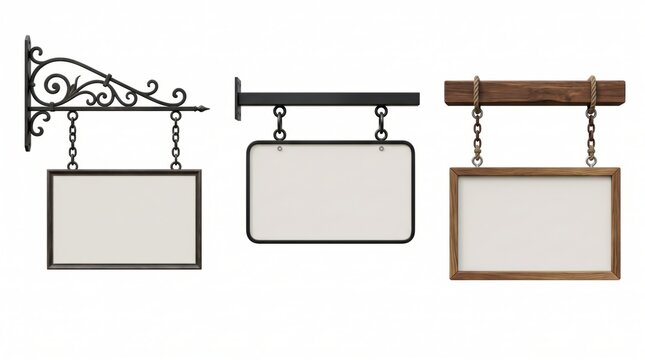 Three hanging rectangular signs with blank white surfaces, featuring ornate wrought iron, minimalist black metal, and rustic wooden frame styles