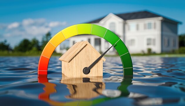 Flood Risk Meter Indicating High Potential Damage to a Submerged House