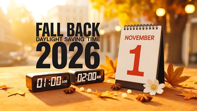 Fall Back 2026 Daylight Saving Time Clock Change on November 1 with Autumn Leaves and Warm Seasonal Background