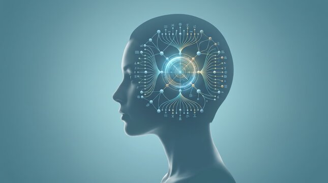 Human head silhouette with glowing neural network and data connections, representing artificial intelligence, machine learning, cognitive computing, brain function analysis