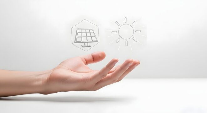 Hand holding solar panel and sun icons representing renewable energy and sustainable development for green environment
