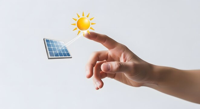 Person touching sun symbol connecting light ray to solar panel representing green alternative renewable clean energy concept