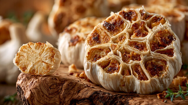 Oven roasted garlic heads served on rustic wooden board with food photography