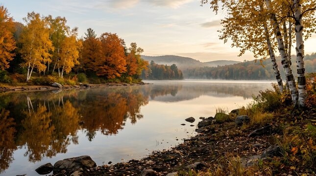 A serene autumn landscape featuring a calm lake reflecting vibrant fall foliage on a peaceful misty morning in nature