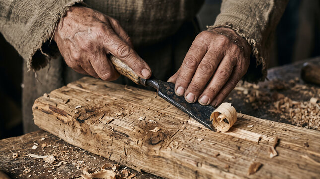Artisan's Hands: Close-up of weathered hands skillfully carving wood with a chisel, shavings curling away, revealing the focus and dedication of a true craftsman at work.