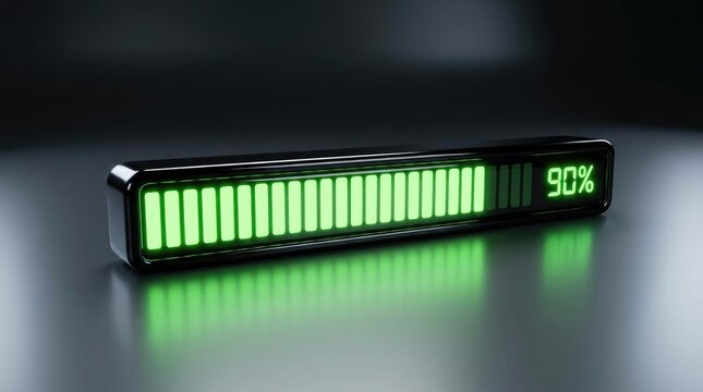 Modern battery level indicator showing ninety percent charge on reflective surface