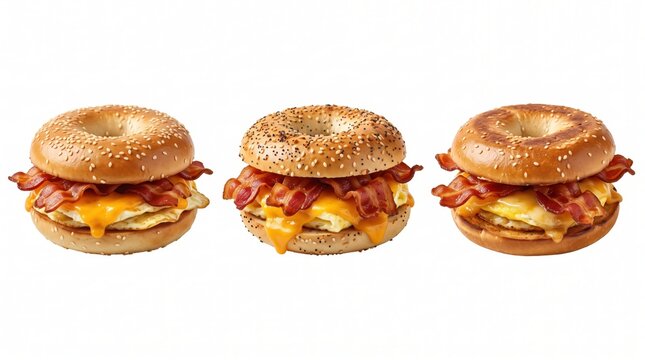 Three breakfast bagel sandwiches with crispy bacon, melted cheddar cheese, and scrambled eggs, isolated on a white background
