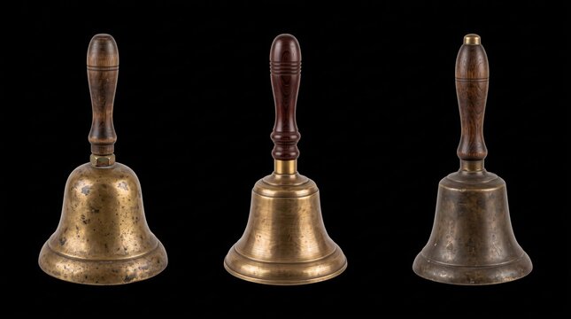 Three antique brass handbells with dark wooden handles, arranged in a row against a solid black background, showing metallic patina and texture