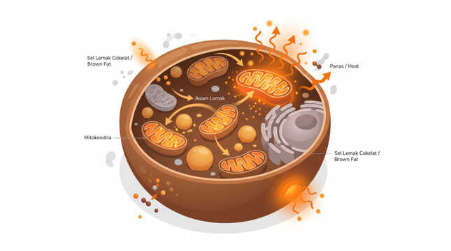 Brown adipose tissue and mitochondria activation vector illustration isolated on white background. Thermogenesis and metabolism concept.

