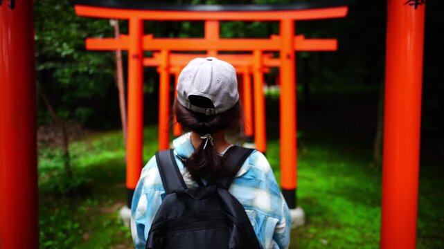 Woman Walking Through Torii Gates at Kashihara Jingu Shrine Japan