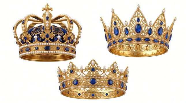 Three ornate golden crowns featuring deep blue sapphire gemstones and small white pearls, isolated on a plain white background