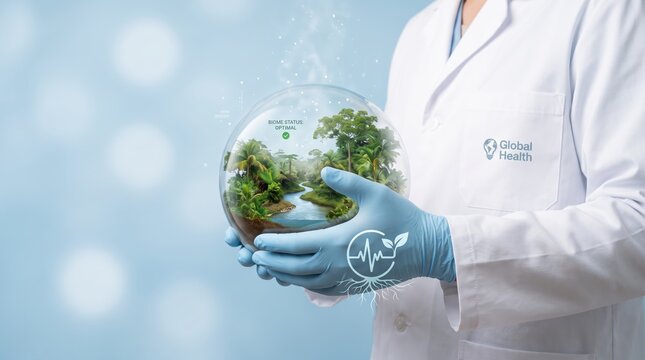 Scientist in lab coat holding glass sphere containing lush tropical rainforest ecosystem representing global health environmental protection sustainability and ecological balance
