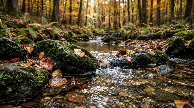 Abstract reflection of autumn forest in shallow stream with golden and green foliage
