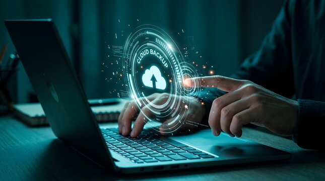 Cloud backup digital interface with glowing circular light animation over laptop for secure data storage service and internet server file management concepts.