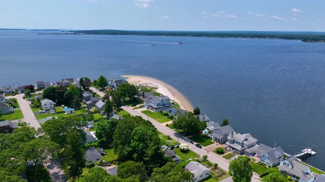 Providence River panoramic aerial view from Bullock Point in East Providence, with Warwick city across the river, East Providence, Rhode Island RI, USA. 