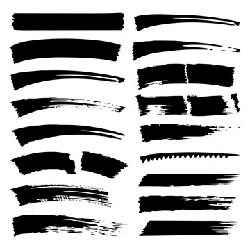 Black ink paint brush strokes collection set isolated on white background