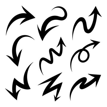 Set of black curved arrows pointing directions isolated on white background