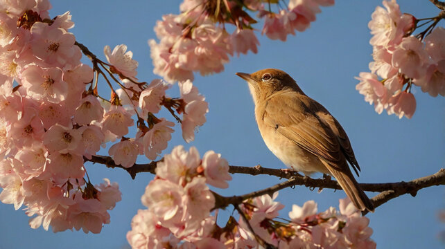 Small songbird perched on blooming cherry blossom branch under clear blue sky