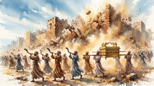 Priests in sacred vestments sounding ram's horn shofars while carrying the Ark of the Covenant, as the fortified stone ramparts of Jericho crumble beneath dramatic skies.