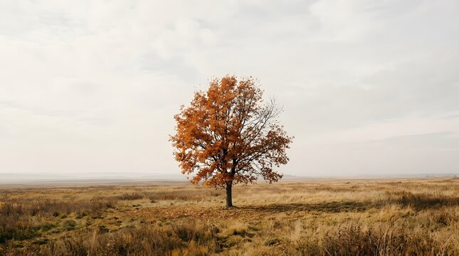 Solitary tree in a vast autumn landscape under a muted and overcast sky