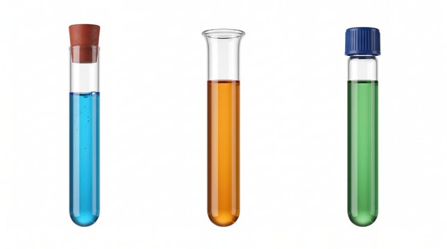 Three glass test tubes containing blue, orange, and green liquids, isolated on a white background, with cork and, screw cap closures