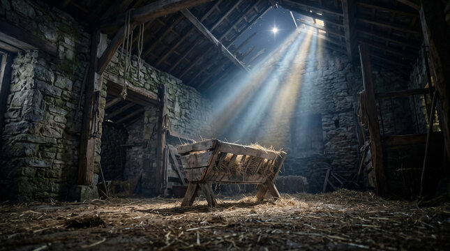 The Manger's Glow: Sunbeams stream through the roof of an old, rustic stable, illuminating an empty wooden manger. A symbol of hope and beginnings.