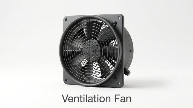 Industrial ventilation fan with square metal housing and protective grille for air movement