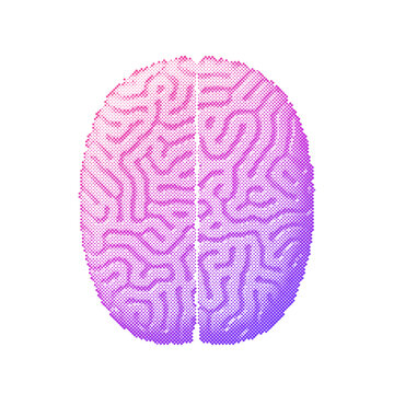 Halftone dot human brain in top view, pink to purple gradient isolated on transparent background