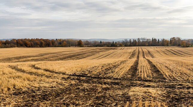 Vast golden farmland stretches towards a distant treeline under a cloudy autumn sky