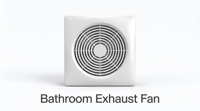 White square bathroom exhaust fan with circular grille on white background