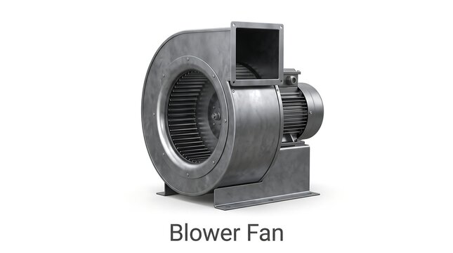 Heavy duty industrial blower fan with large motor and housing on white background