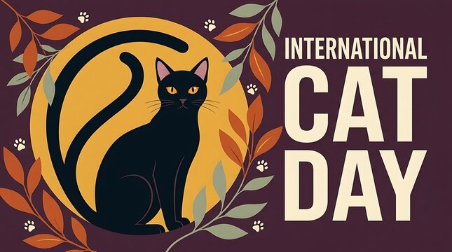 International Cat Day greeting card design, black cat illustration, retro style vector poster art, pet lover celebration template