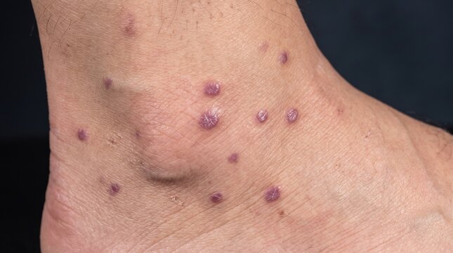 Close up view of multiple purple papules or lichen planus skin condition on a man's ankle