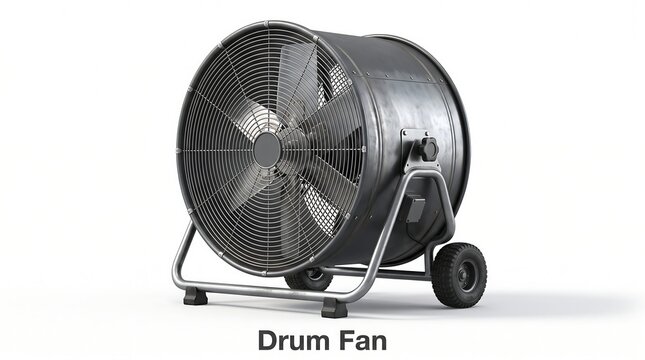Large industrial drum fan with wheels and protective cage on white background