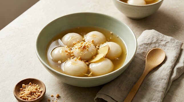 Sweet glutinous rice ball dessert in ginger soup, traditional Asian dish, white mochi balls in ceramic bowl, wooden spoon on linen napkin, cozy food photography style