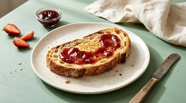Rustic homemade toast with strawberry jam on ceramic plate, fresh sliced strawberries in small bowl, vintage knives, natural green table, cozy breakfast food photography