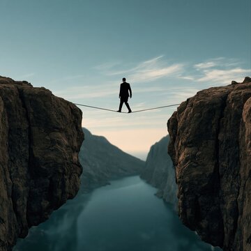 A man in a dark suit balances on a thin tightrope stretched between two rocky cliffs above a turquoise river.
