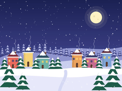 Snowy winter village at night with colorful houses and moon